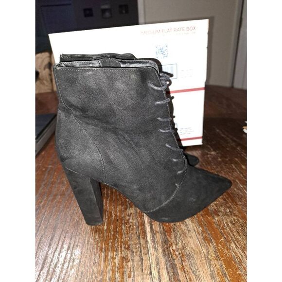 Size 7 ASOS Black Lace Up Zip Chunky High Heel Ankle Boots Booties Pointed Toe - Picture 4 of 10